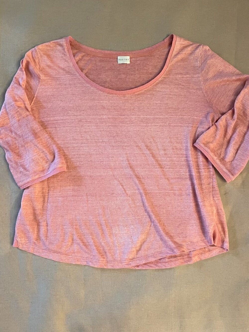 Poetry 100% Linen Top Sz 8 Boxy Pink 3/4 Sleeve Coastal Quiet Luxury Minimalist